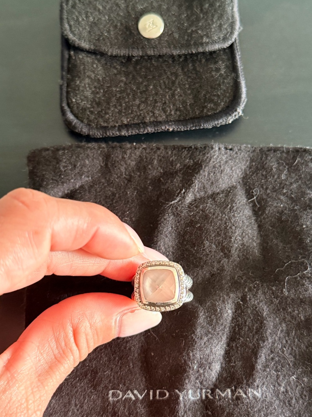 David Yurman Albion Ring Rose Quartz Pave Diamond Halo Sterling